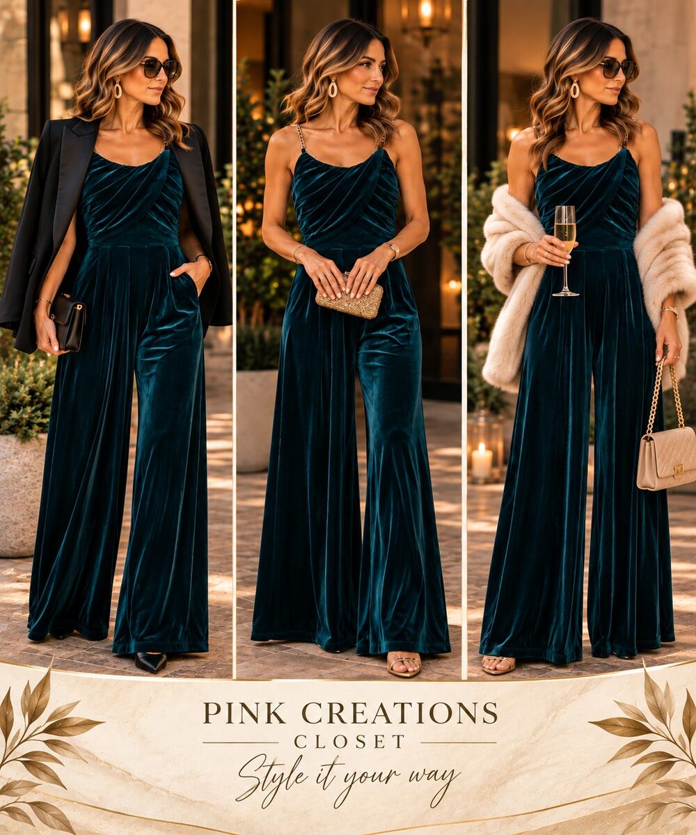 Teal Velvet Gold Chain Strap Wide Leg Jumpsuit Size Small